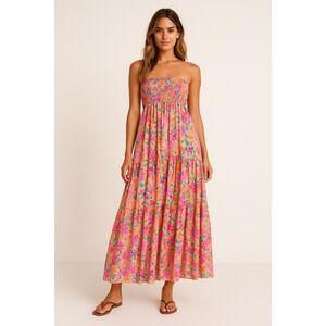 Abel The Label Sz S Women's Floral Print Smocked Tube Maxi Dress Sundress Pink